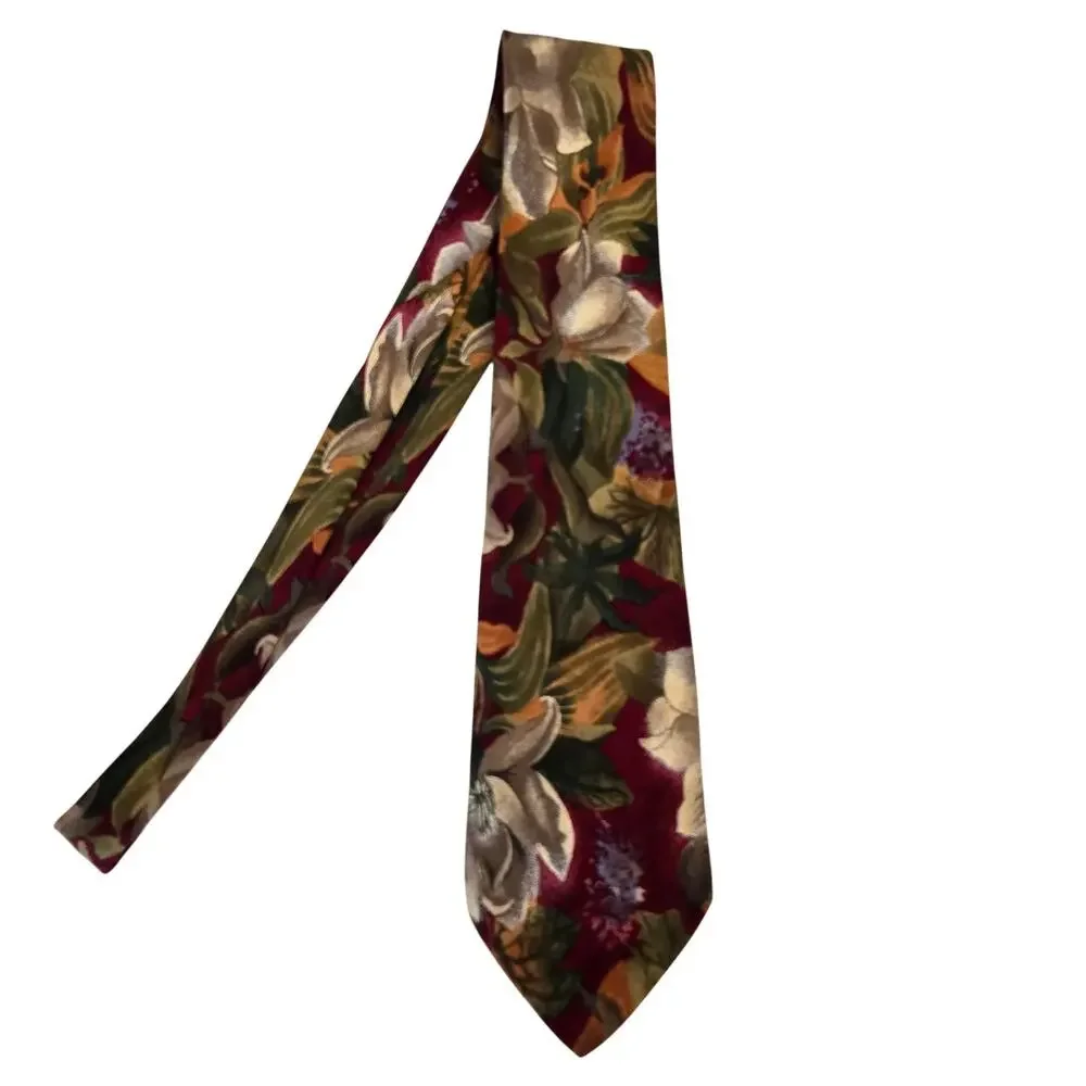 Vintage Hugo Boss 100% Silk Floral Botanical Necktie Fall Colors Made in Italy